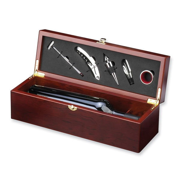 Stainless Steel Bar Tools in Rosewood Finish Wood Wine Storage Box Set - Includes Bartender's Tool, Thermometer, Stopper, Pourer, and Drip Ring