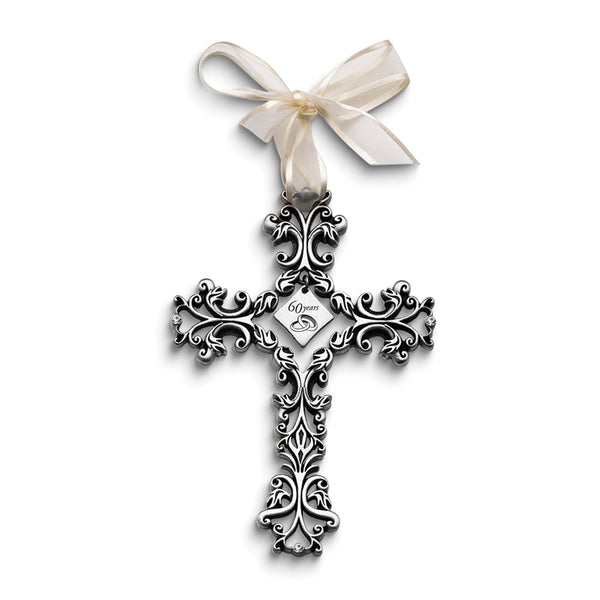 Silver-tone 60 YEARS Filigree with Crystals and Ribbon Wall Cross
