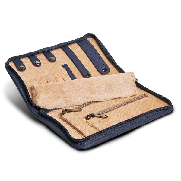Blue Leather Zip Around Jewelry Wallet