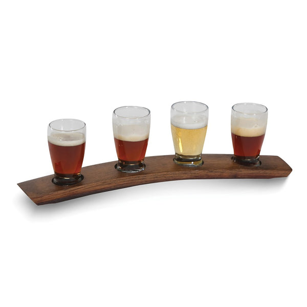 Beer Taster Flight with Four 5.5 ounce Glasses and French Bordeaux Wine Barrel Stave Tray