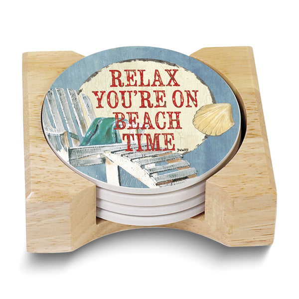 RELAX YOU'RE ON BEACH TIME Set of Four Absorbent Stone Coasters with Wooden Holder