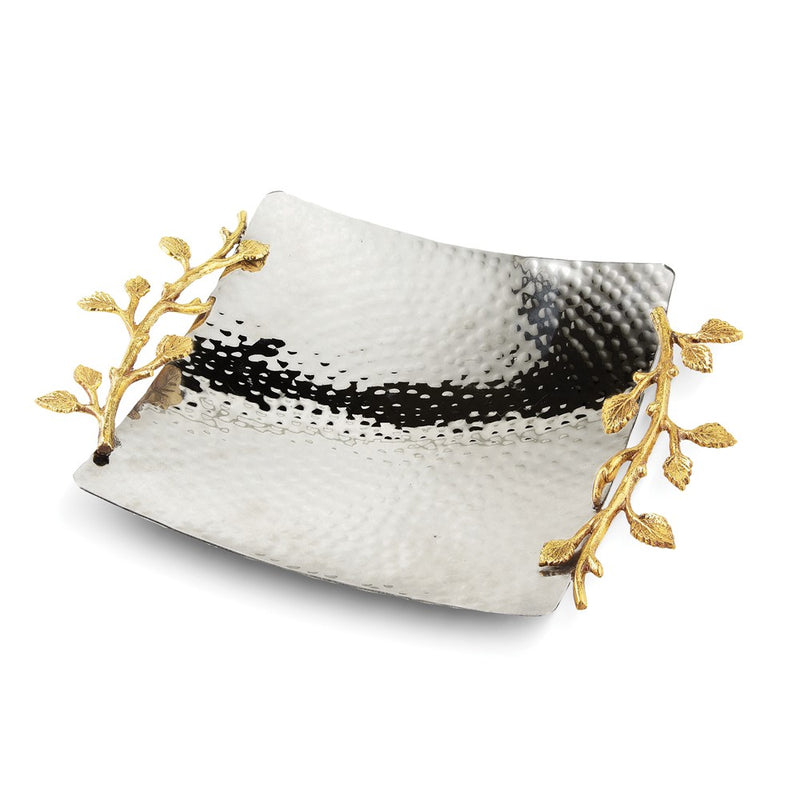 Hammered Stainless Steel with Golden Vine Handles Square Tray