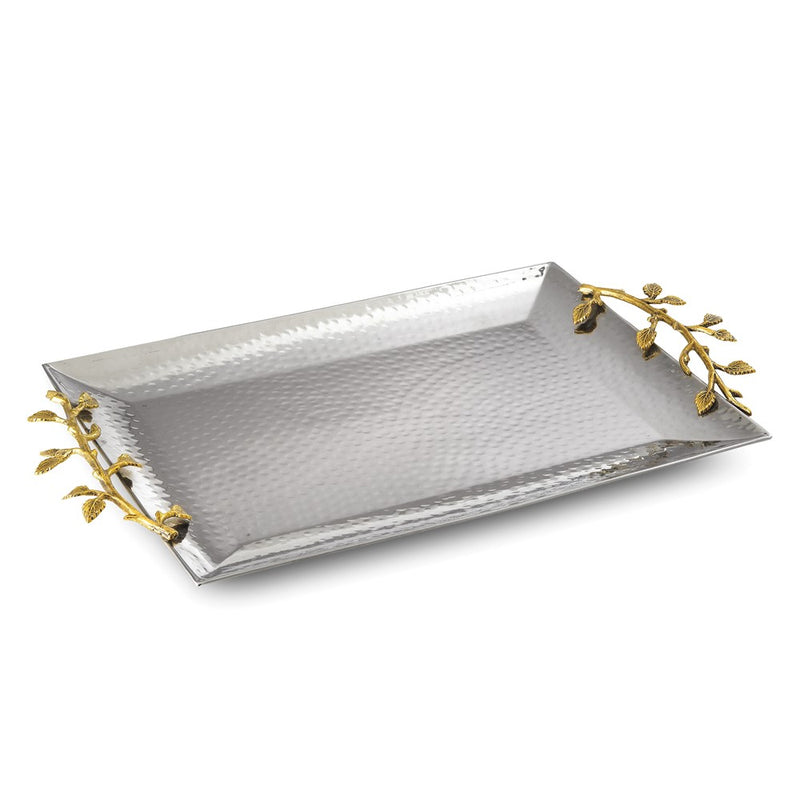 Hammered Stainless Steel with Golden Vine Handles Rectangular Tray