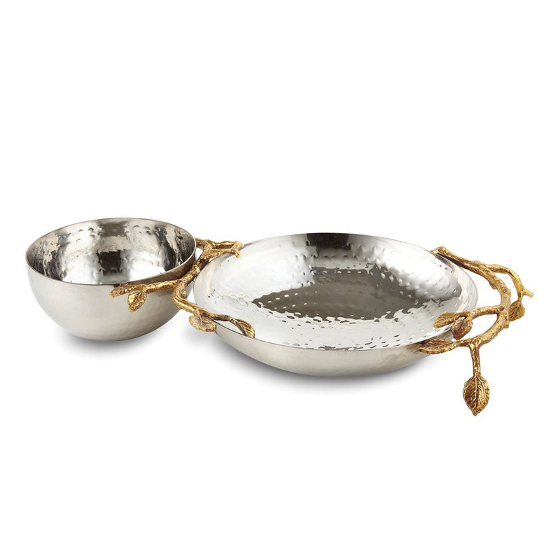 Hammered Stainless Steel with Golden Vine Trim Chip and Dip Bowls