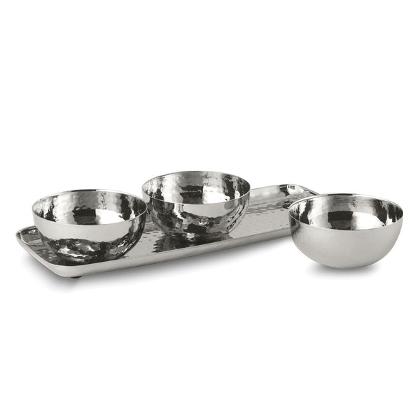 Stainless Steel Hammered 3 Bowl Serving Set with Tray