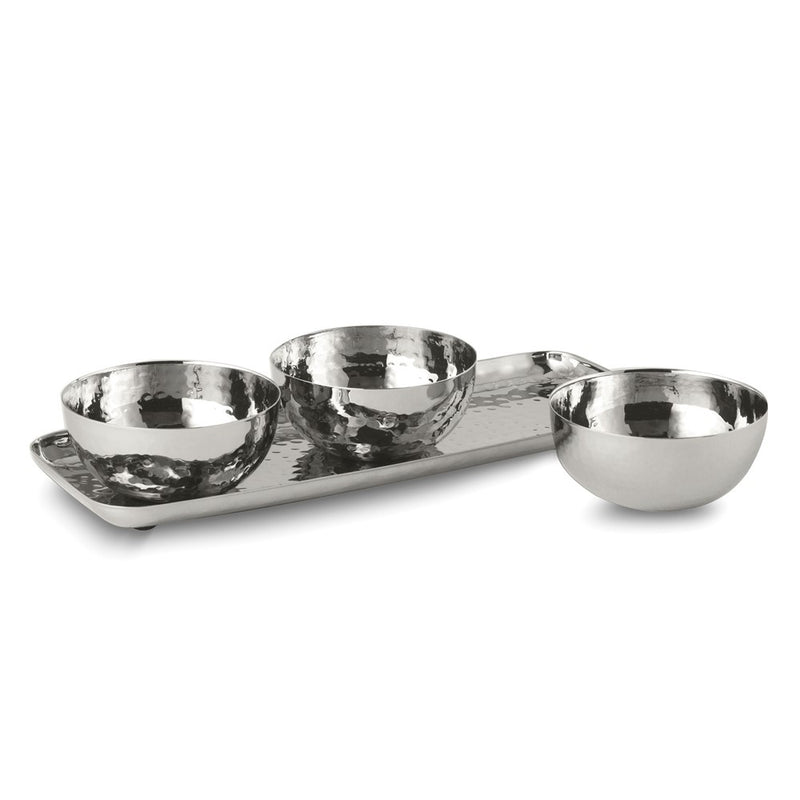Stainless Steel Hammered 3 Bowl Serving Set with Tray