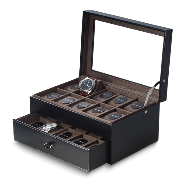 Black Leather 20-Watch Case w/Drawer