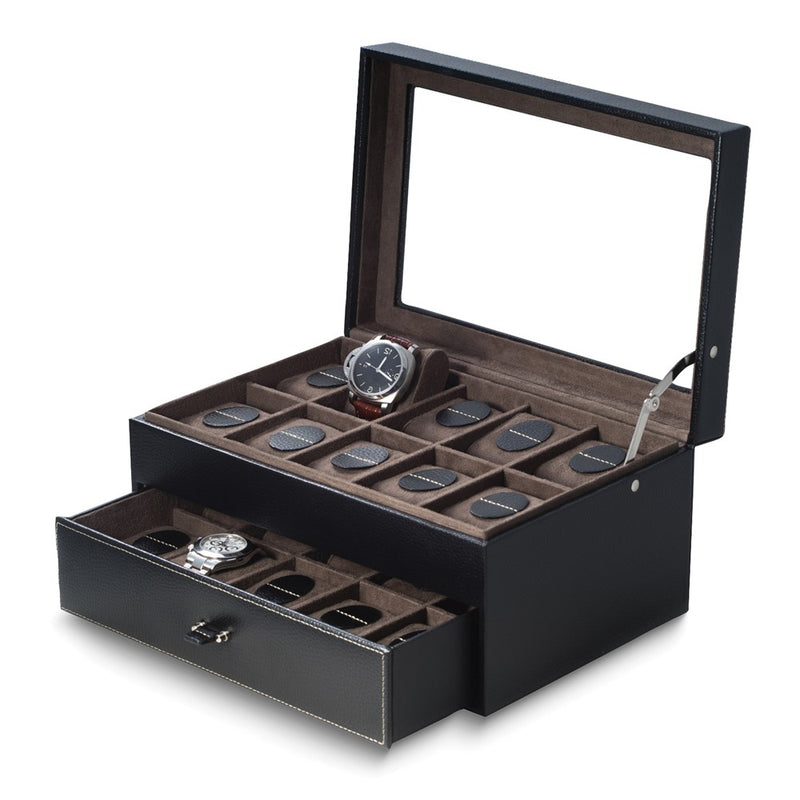 Black Leather 20-Watch Case w/Drawer