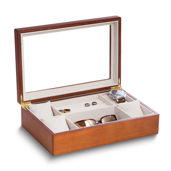 Matte Cherry Finish Wood 4-Watch, Sunglass and Accessory Case