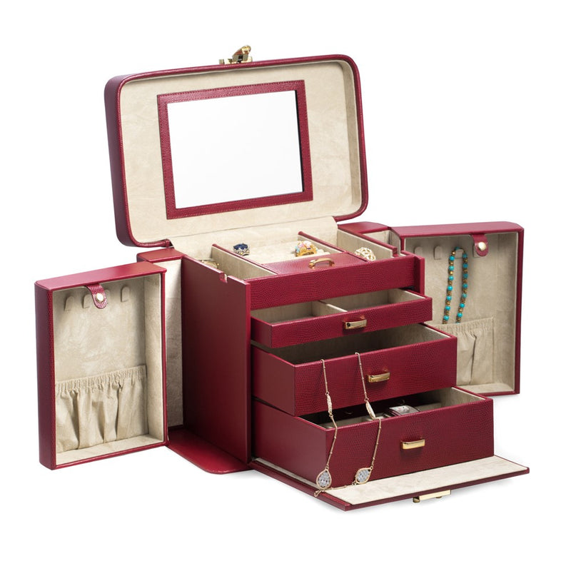 Red Lizard Textured Leather 4-Level Jewelry Case