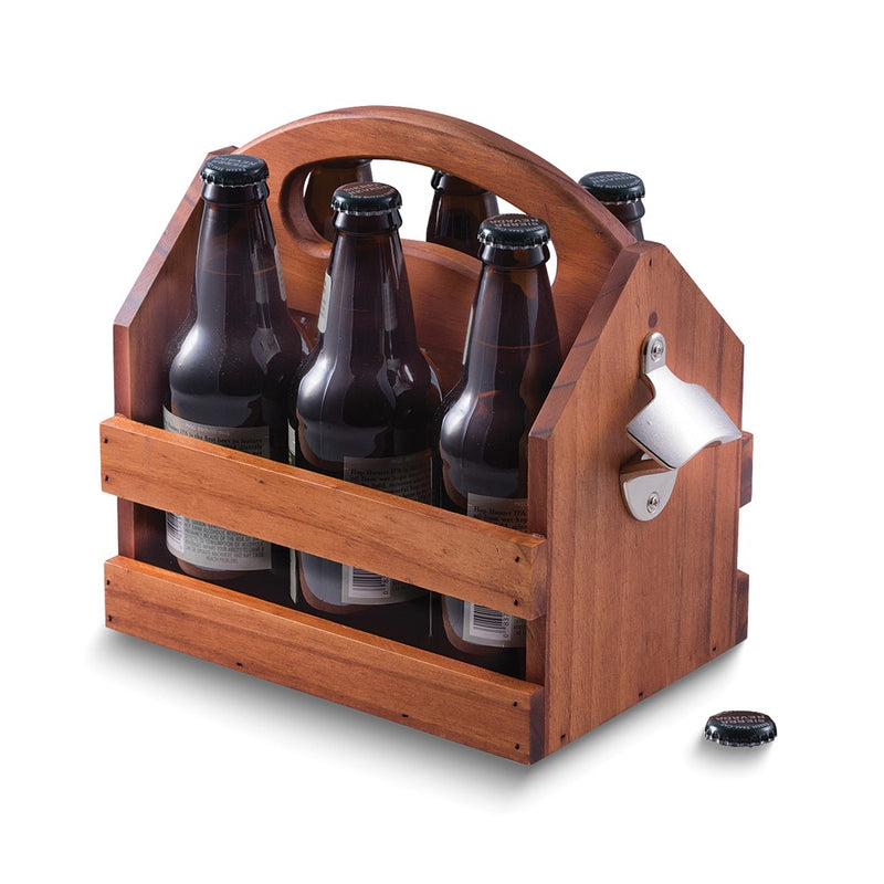 Wood Six Bottle Caddy with Attached Opener