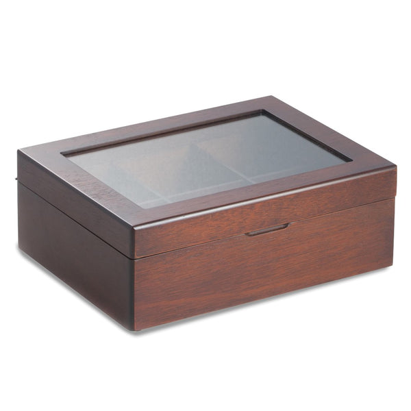 Mahogany Finish Wood Tea Box with Glass Lid