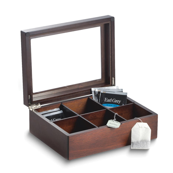 Mahogany Finish Wood Tea Box with Glass Lid