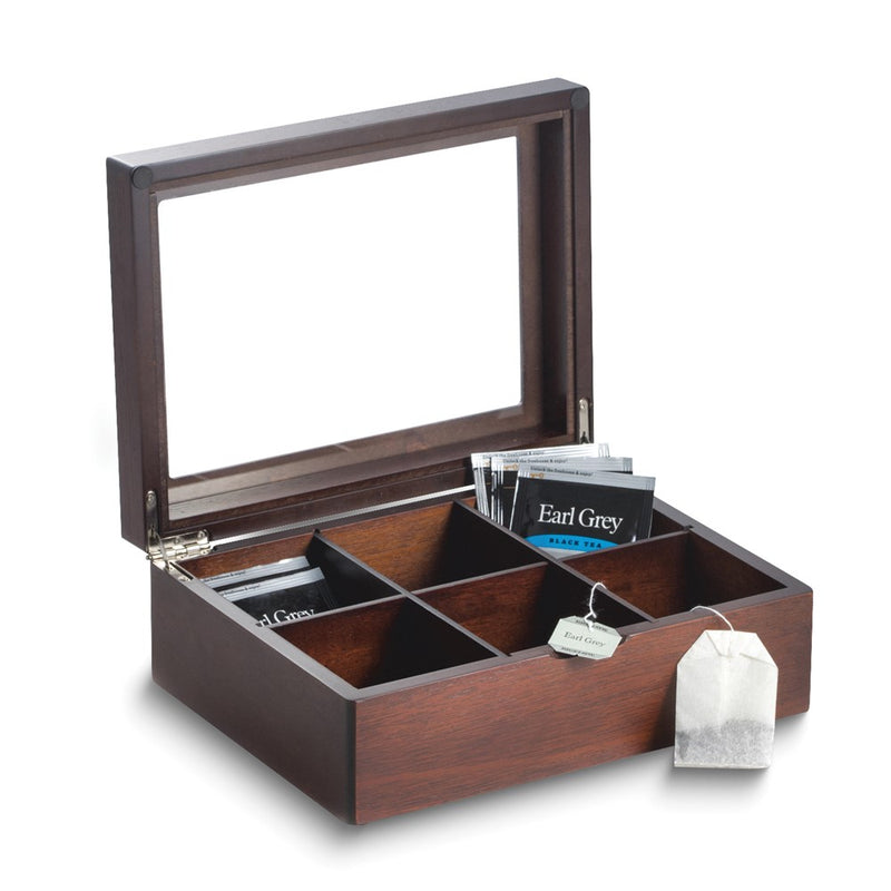Mahogany Finish Wood Tea Box with Glass Lid