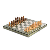 Green Inlaid Wood Backgammon, Chess, and Checkers Set with Weighted Chessmen, Wooden Checkers, 2 Sets of Dice, and 2 Dice Cups