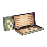 Green Inlaid Wood Backgammon, Chess, and Checkers Set with Weighted Chessmen, Wooden Checkers, 2 Sets of Dice, and 2 Dice Cups