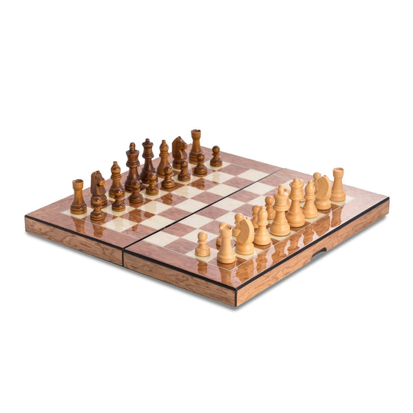 Brown Inlaid Wood Backgammon, Chess, and Checkers Set with Weighted Chessmen, Wooden Checkers, 2 Sets of Dice, and 2 Dice Cups