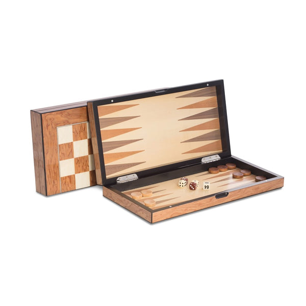 Brown Inlaid Wood Backgammon, Chess, and Checkers Set with Weighted Chessmen, Wooden Checkers, 2 Sets of Dice, and 2 Dice Cups