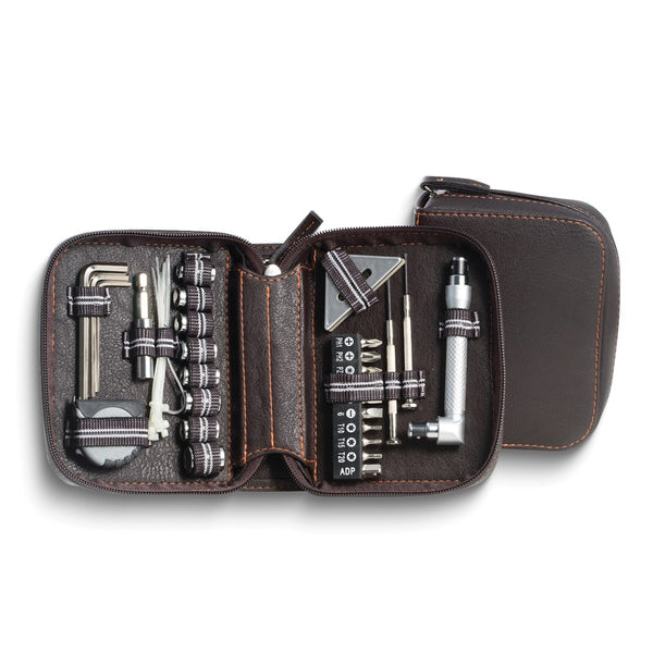 28-Piece Tool Set in Brown Leatherette Case with Hex Keys/Screwdrivers/Socket Set/Tape Measure/Zip Ties/Level