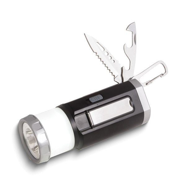 Hand Crank LED Flashlight/USB Charger/Fire Starter Coil/Knife/Can and Bottle Opener with Carabiner