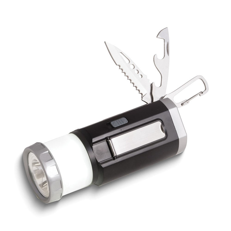 Hand Crank LED Flashlight/USB Charger/Fire Starter Coil/Knife/Can and Bottle Opener with Carabiner