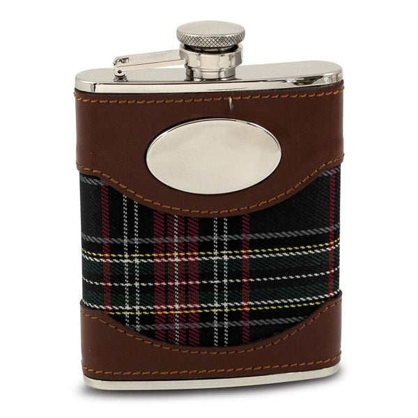 Stainless Steel Blue Fabric and Brown Leather Covered 6 ounce Flask with Oval Engraving Area