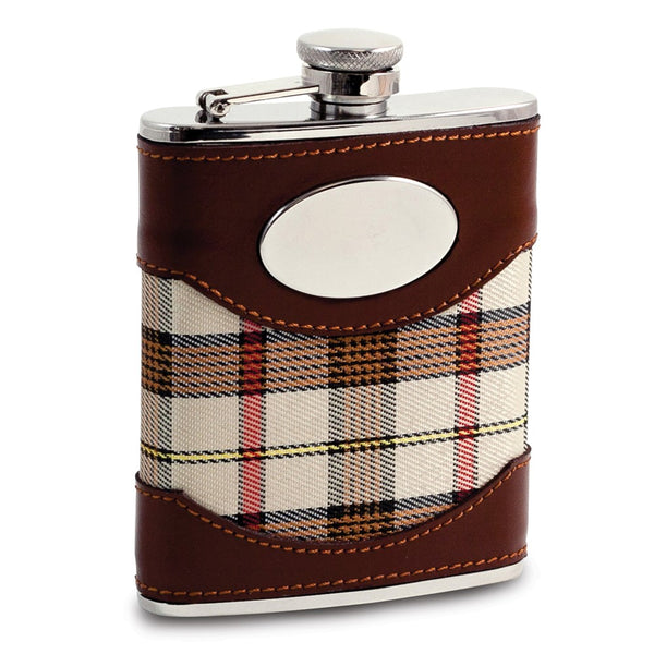 Stainless Steel Beige Fabric and Brown Leather Covered 6 ounce Flask with Oval Engraving Area