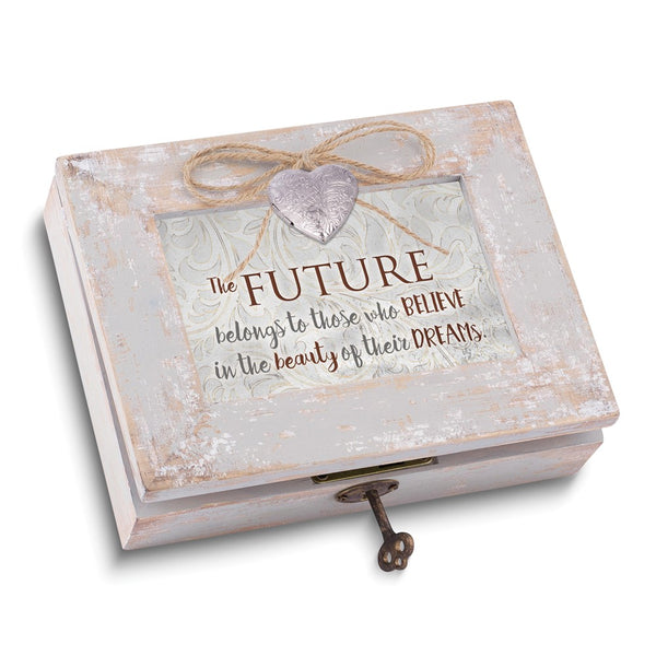 Distressed Finish Wood THE FUTURE BELONGS. with Heart Locket Music Box