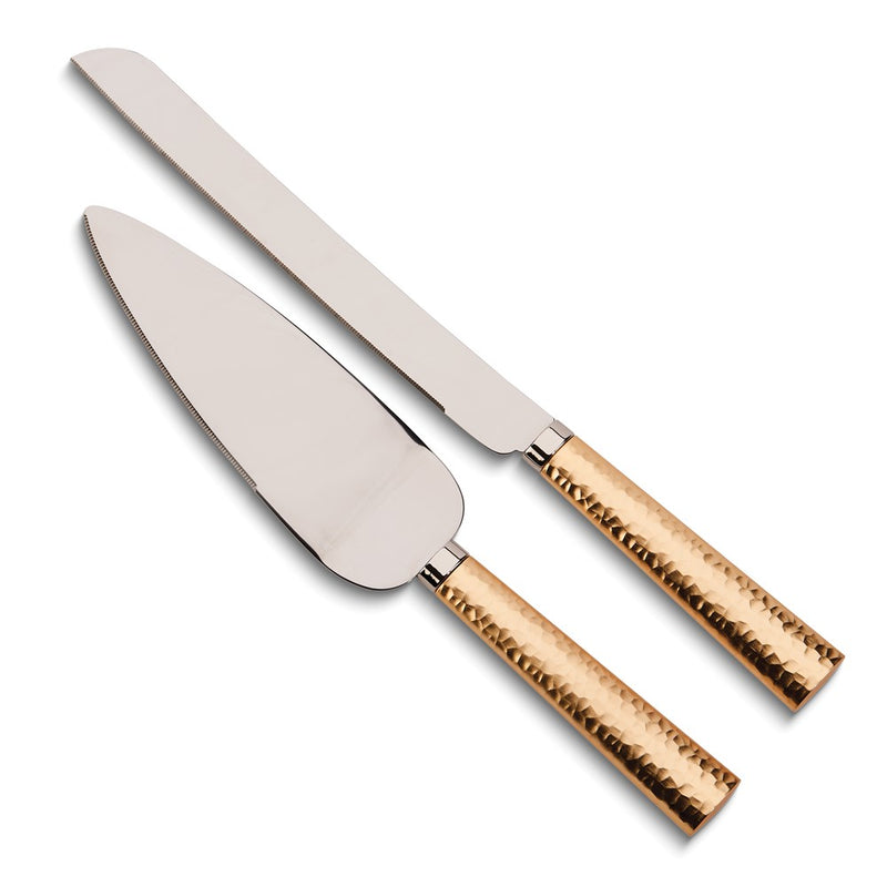 Gold-tone Hammered Handle Knife and Server Set with Stainless Steel Blades