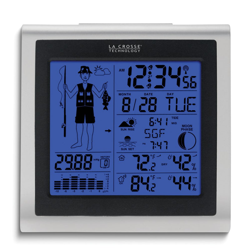 Wireless Forecast Station with Fisherman Icon and Temperature, Humidity, Date, and Atomic Time