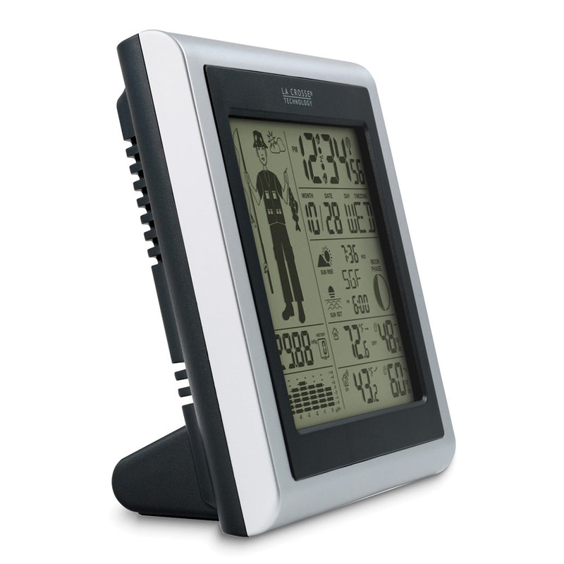 Wireless Forecast Station with Fisherman Icon and Temperature, Humidity, Date, and Atomic Time