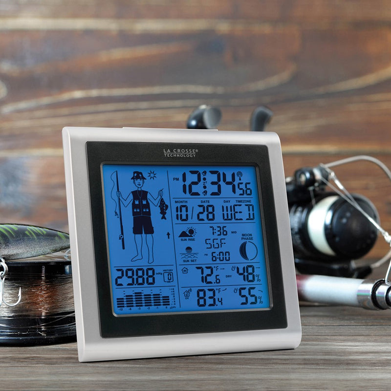 Wireless Forecast Station with Fisherman Icon and Temperature, Humidity, Date, and Atomic Time