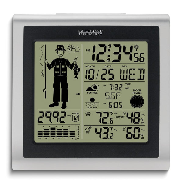 Wireless Forecast Station with Fisherman Icon and Temperature, Humidity, Date, and Atomic Time