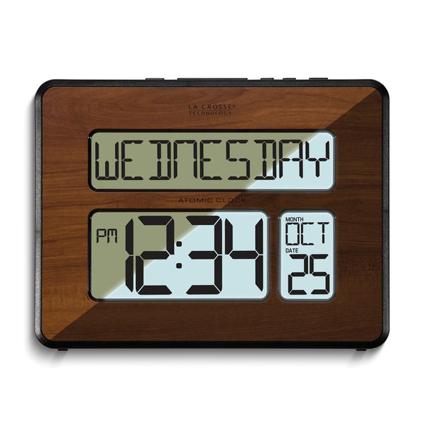 Atomic Digital Wood Finish White Backlight Wall Clock with Calendar and Temperature