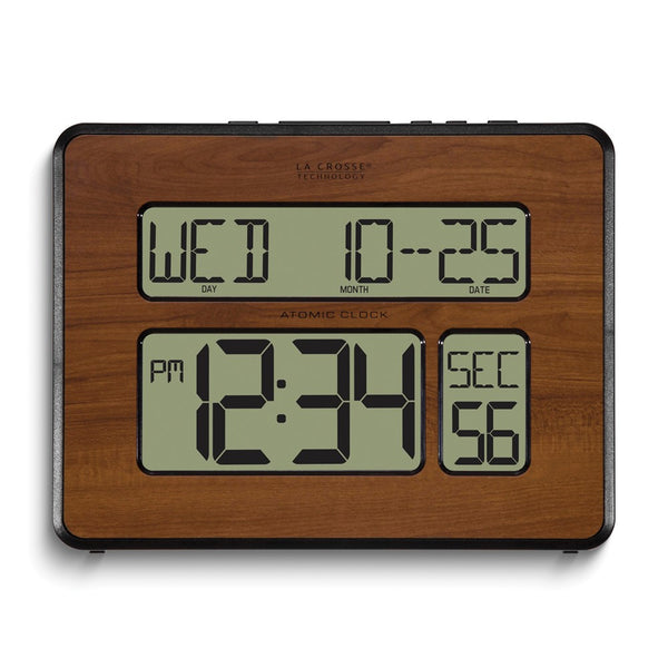 Atomic Digital Wood Finish White Backlight Wall Clock with Calendar and Temperature