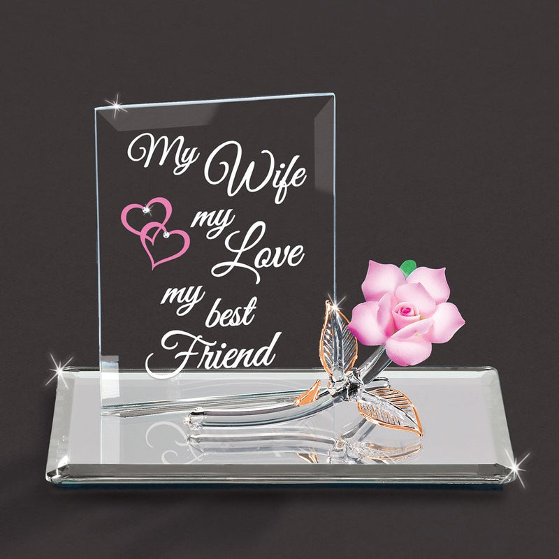 MY WIFE MY LOVE MY BEST FRIEND Pink Rose Handcrafted Glass Figurine