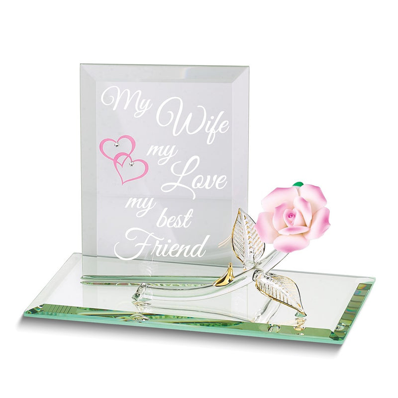 MY WIFE MY LOVE MY BEST FRIEND Pink Rose Handcrafted Glass Figurine