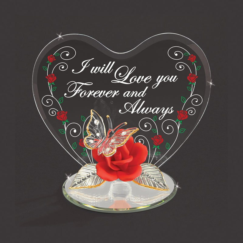 I WILL LOVE YOU FOREVER AND ALWAYS Butterfly and Red Rose Handcrafted Glass Figurine