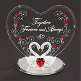 Swan Pair with Red Crystal Heart TOGETHER FOREVER AND ALWAYS Handcrafted Glass Figurine