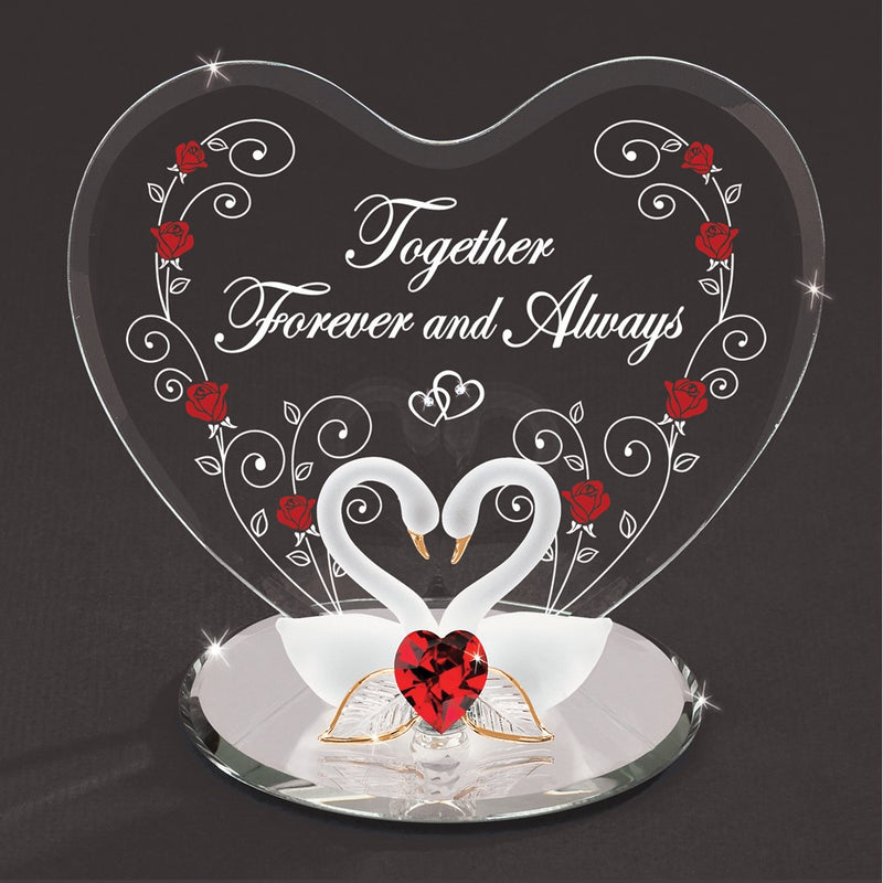 Swan Pair with Red Crystal Heart TOGETHER FOREVER AND ALWAYS Handcrafted Glass Figurine