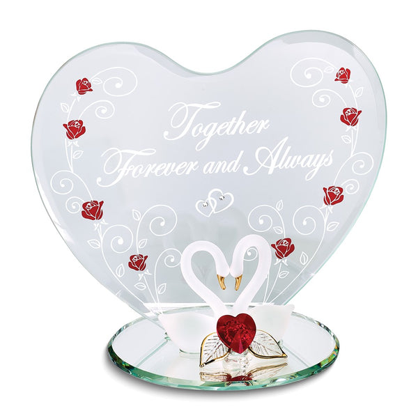 Swan Pair with Red Crystal Heart TOGETHER FOREVER AND ALWAYS Handcrafted Glass Figurine