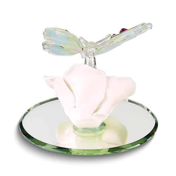 Butterfly with Crystals and Pink Rose Handcrafted Glass Figurine