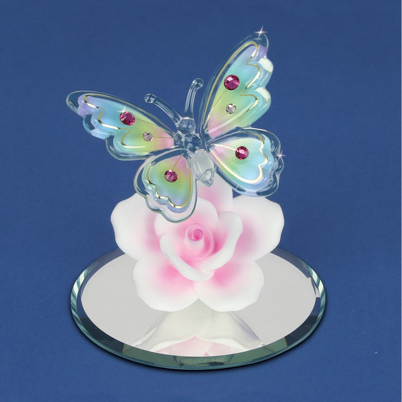 Butterfly with Crystals and Pink Rose Handcrafted Glass Figurine