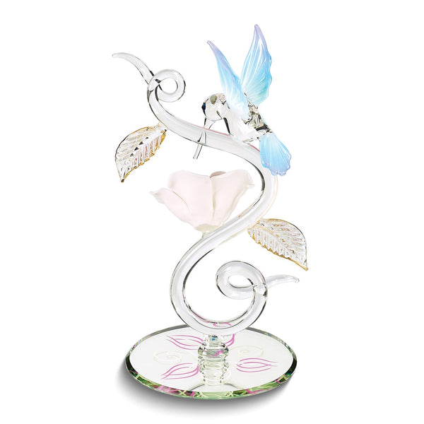Hummingbird and Pink Rose on Vine Handcrafted Glass Figurine