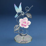 Hummingbird and Pink Rose on Vine Handcrafted Glass Figurine