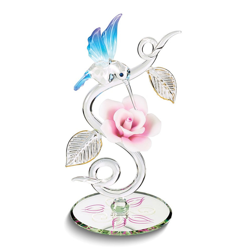 Hummingbird and Pink Rose on Vine Handcrafted Glass Figurine