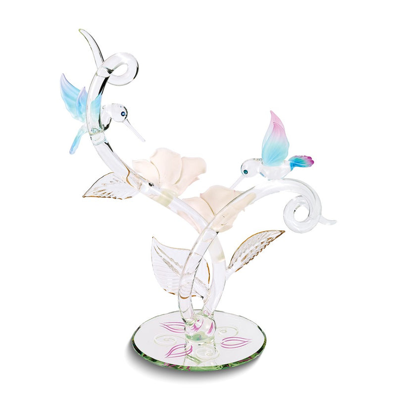 Hummingbirds in Pink Rose Garden Handcrafted Glass Figurine