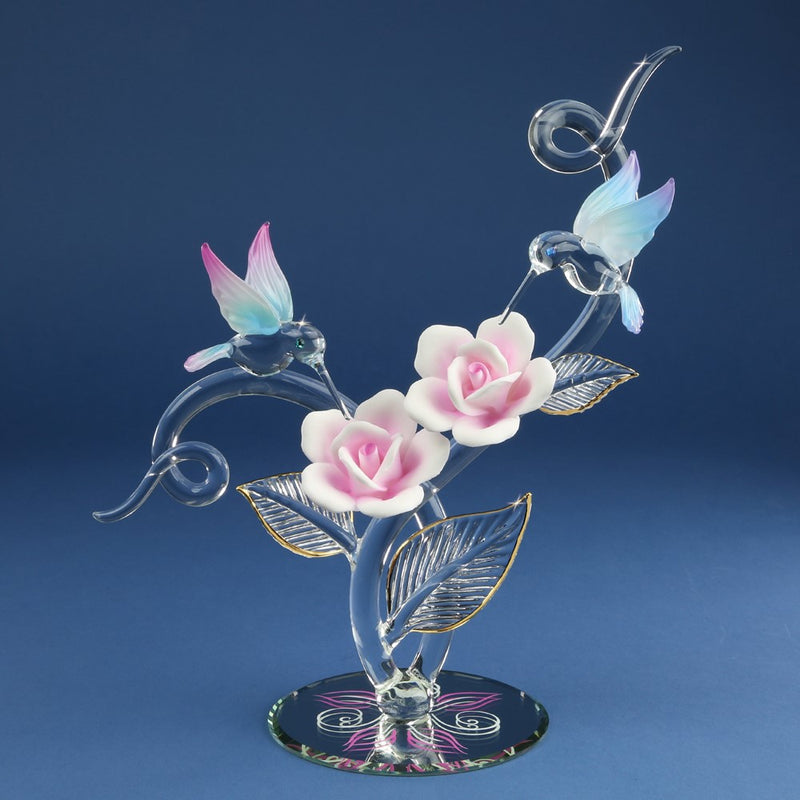 Hummingbirds in Pink Rose Garden Handcrafted Glass Figurine