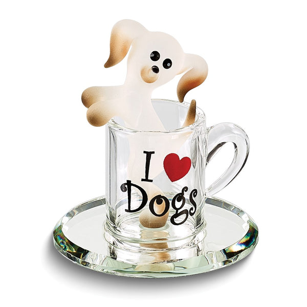 Pup In A Cup I LOVE DOGS Handcrafted Glass Figurine