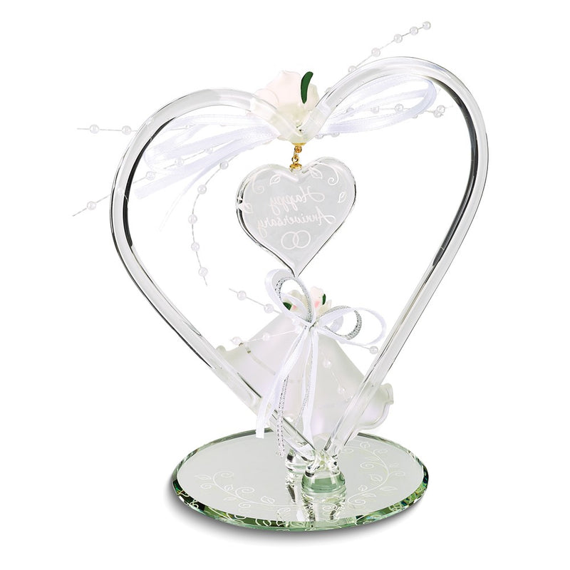 HAPPY ANNIVERSARY Heart and Bells Handcrafted Glass Figurine with Ribbon